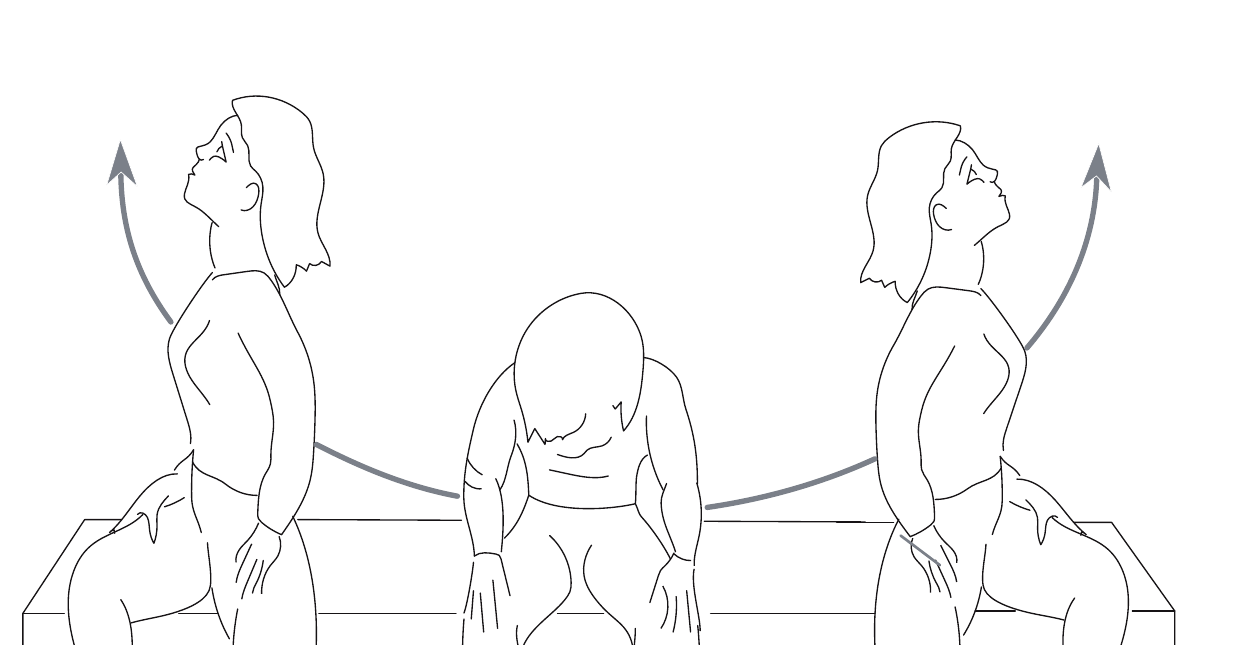 Dessin illustrant l'alternance des mouvements de tête vers le haut et vers le bas, tronc tourné à droite puis à gauche