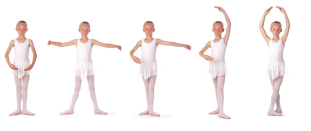 Cinq jeunes élèves de danse classique en tutu, montrant la progression de l'en dehors des membres inférieurs